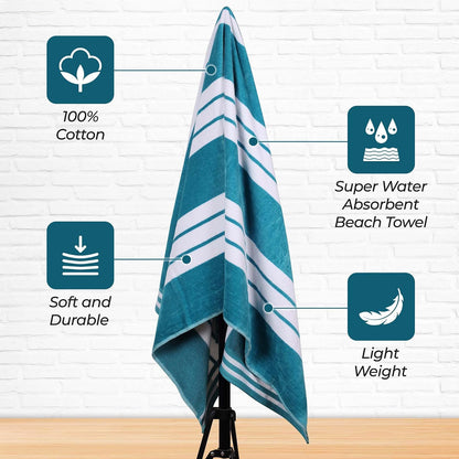 Superior Collection Luxurious Jacquard Cotton Beach Towels, Oversized, Turquoise Cabana Stripes