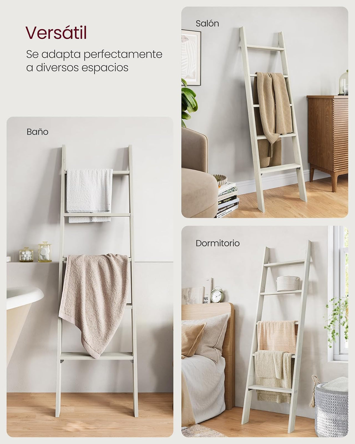 VASAGLE Toallero de 5 Niveles, Estante Para Toallas y Mantas, Organizador Escalera, Almacenamiento y Decoración, Blanco Rústico MLLS018W73