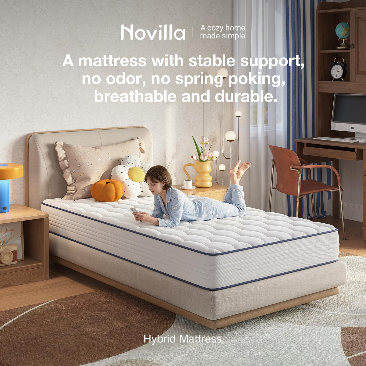 Novilla Colchón Doble de 8 Pulgadas, Bonnell Spring Hybrid con Soporte de | Capa de espuma adaptable, bocinas de acero para un apoyo duradero, comodidad de refrigeración, certificado CertiPUR-US