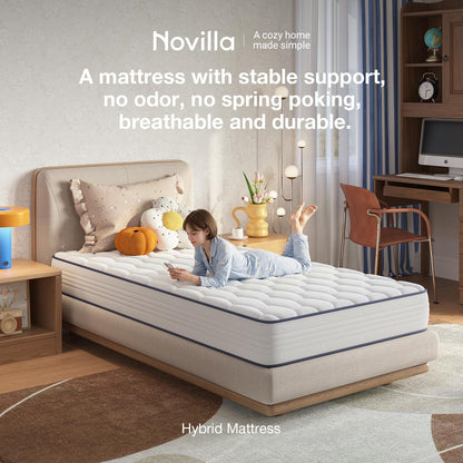 Novilla Colchón Doble de 8 Pulgadas, Bonnell Spring Hybrid con Soporte de | Capa de espuma adaptable, bocinas de acero para un apoyo duradero, comodidad de refrigeración, certificado CertiPUR-US