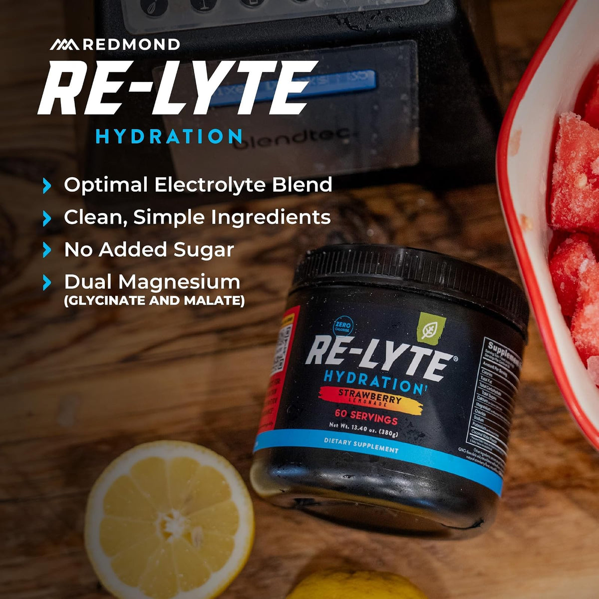 REDMOND RE-LYTE, Electrolitos Naturales con Real-Salt, Hidratación Clean sin Calorías ni Azúcares, 60 Porciones, Sabor Strawberry Lemonade