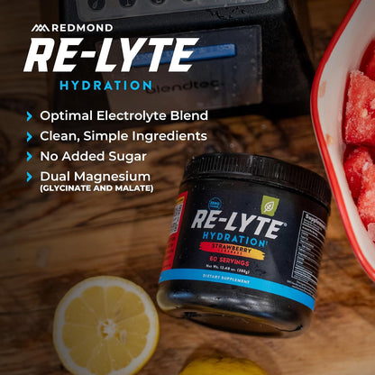 REDMOND RE-LYTE, Electrolitos Naturales con Real-Salt, Hidratación Clean sin Calorías ni Azúcares, 60 Porciones, Sabor Strawberry Lemonade