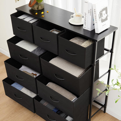 DUMOS - Cómoda para recámara con 9 cajones, Organizador de clóset de Tela con Marco de Metal y Torre de Almacenamiento de Madera para habitación de niños, guardería, Sala de Estar, Entrada