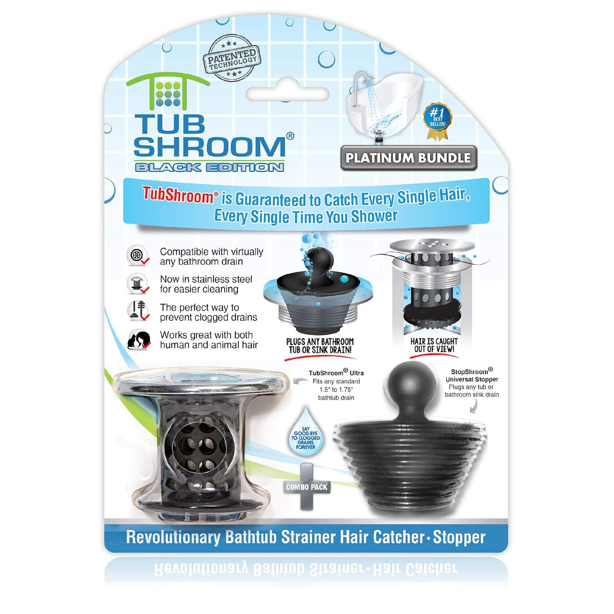 TubShroom - Juego Combinado de colector de Cabello con tapón de Silicona, Cromo Negro, Protector y desagües de baño, se Adapta a Cualquier desagüe estándar de Tina de 1.4 a 1.8 Pulgadas de Ancho - Cromo negro con tapón - Catcher