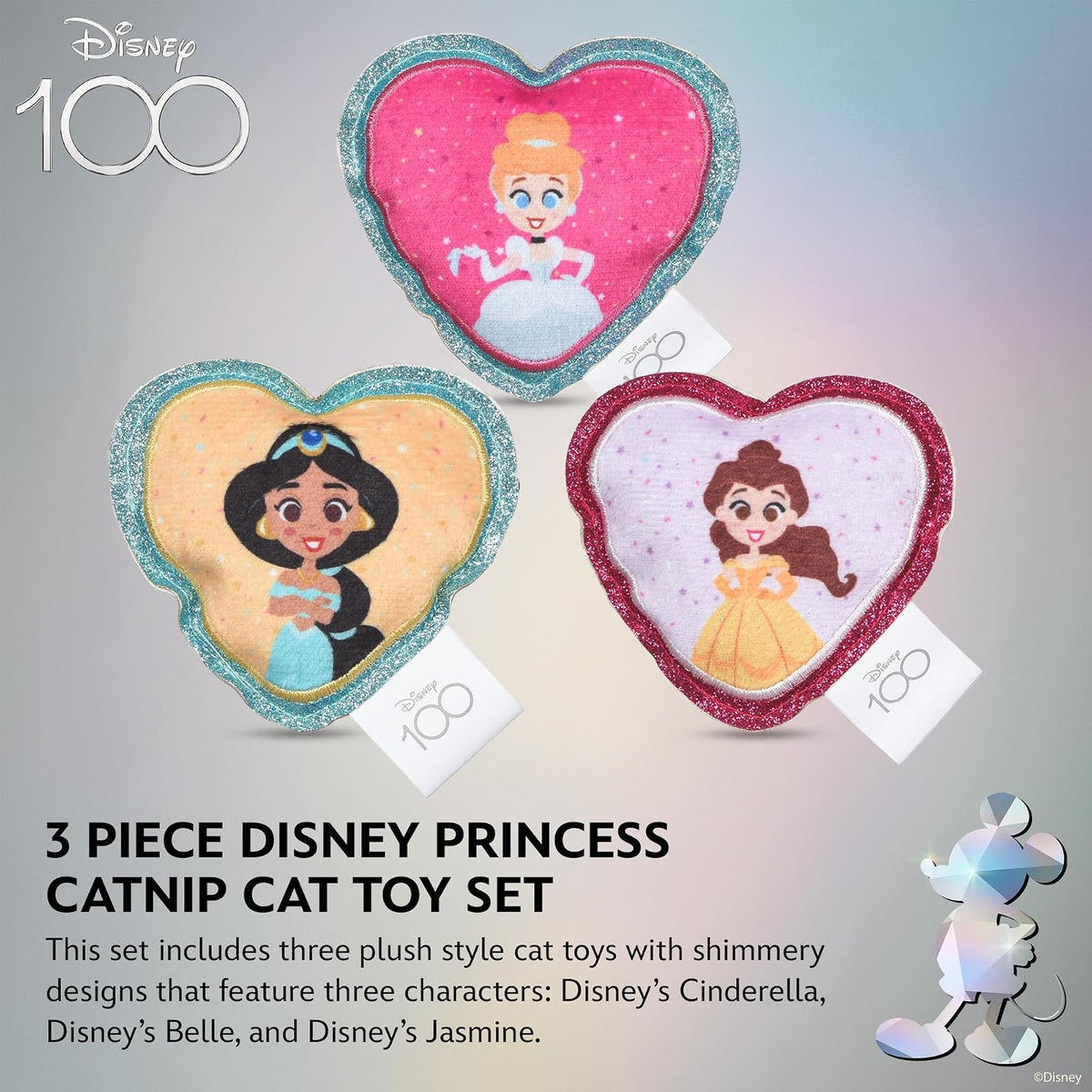 Disney for Pets - Juguetes de Princesa para Gatos de 3 Piezas con zacate gatera y Arruga, 4 Pulgadas | Juguetes y crujientes para Gatos | Juguetes de Peluche de zacate gatera para Gatos