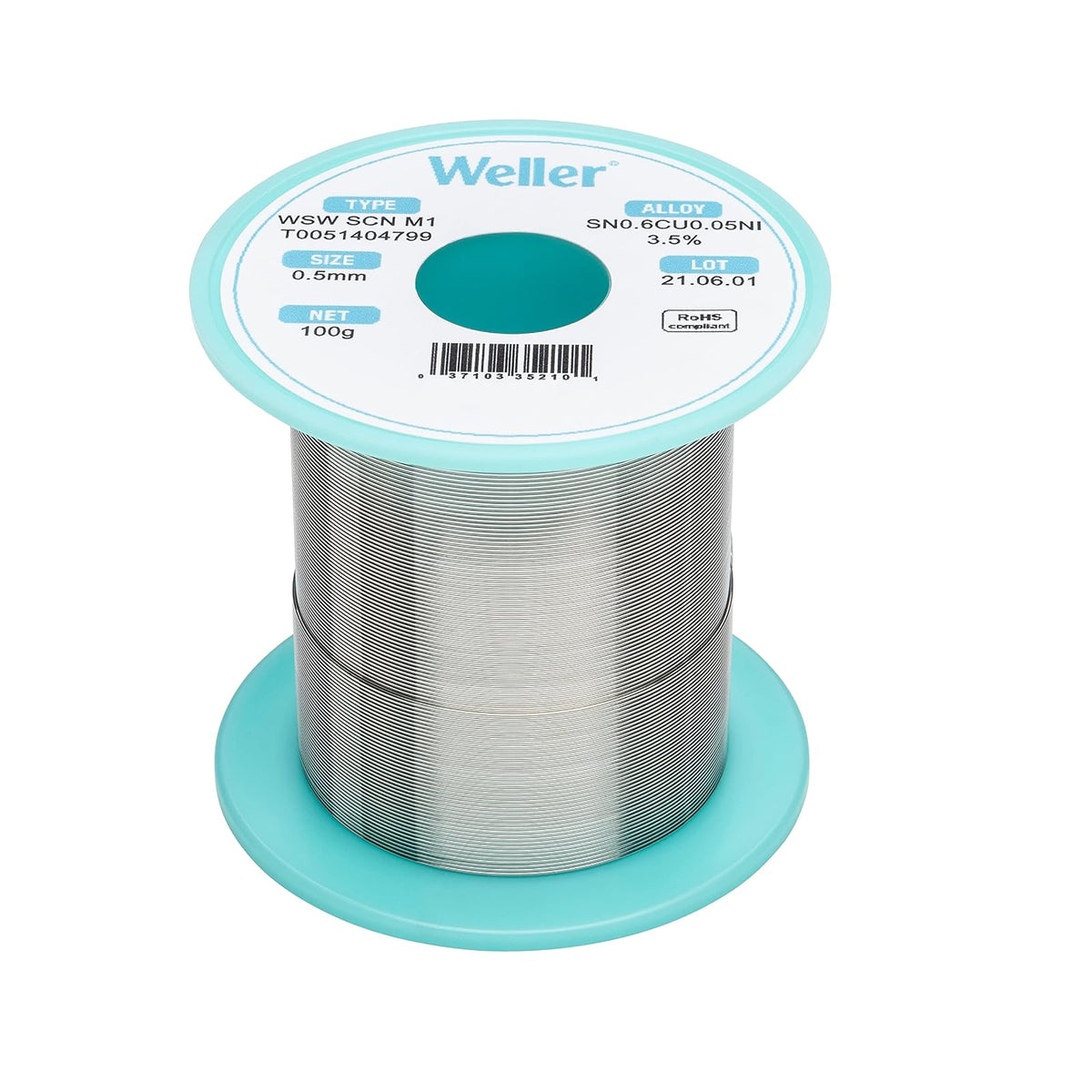 Weller WSW SCN M1 (T0051404799) Alambre de soldadura, diámetro: 0,5 mm / 0,020 in, peso: 100 g / 3,527 oz, aleación Sn99.3Cu0.6Ni0.05, contenido de flujo 3,5%