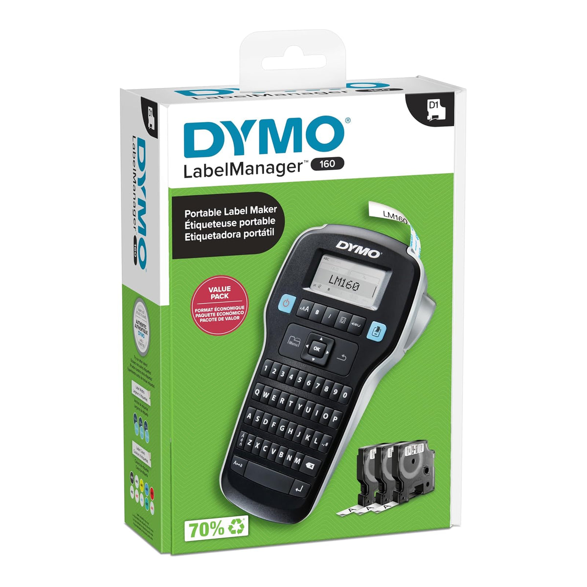 DYMO LabelManager 160 - Paquete portátil de etiquetas, fácil de usar, teclas inteligentes de un solo toque, teclado QWERTY, visualización grande, para organización del hogar y la oficina, incluye 3