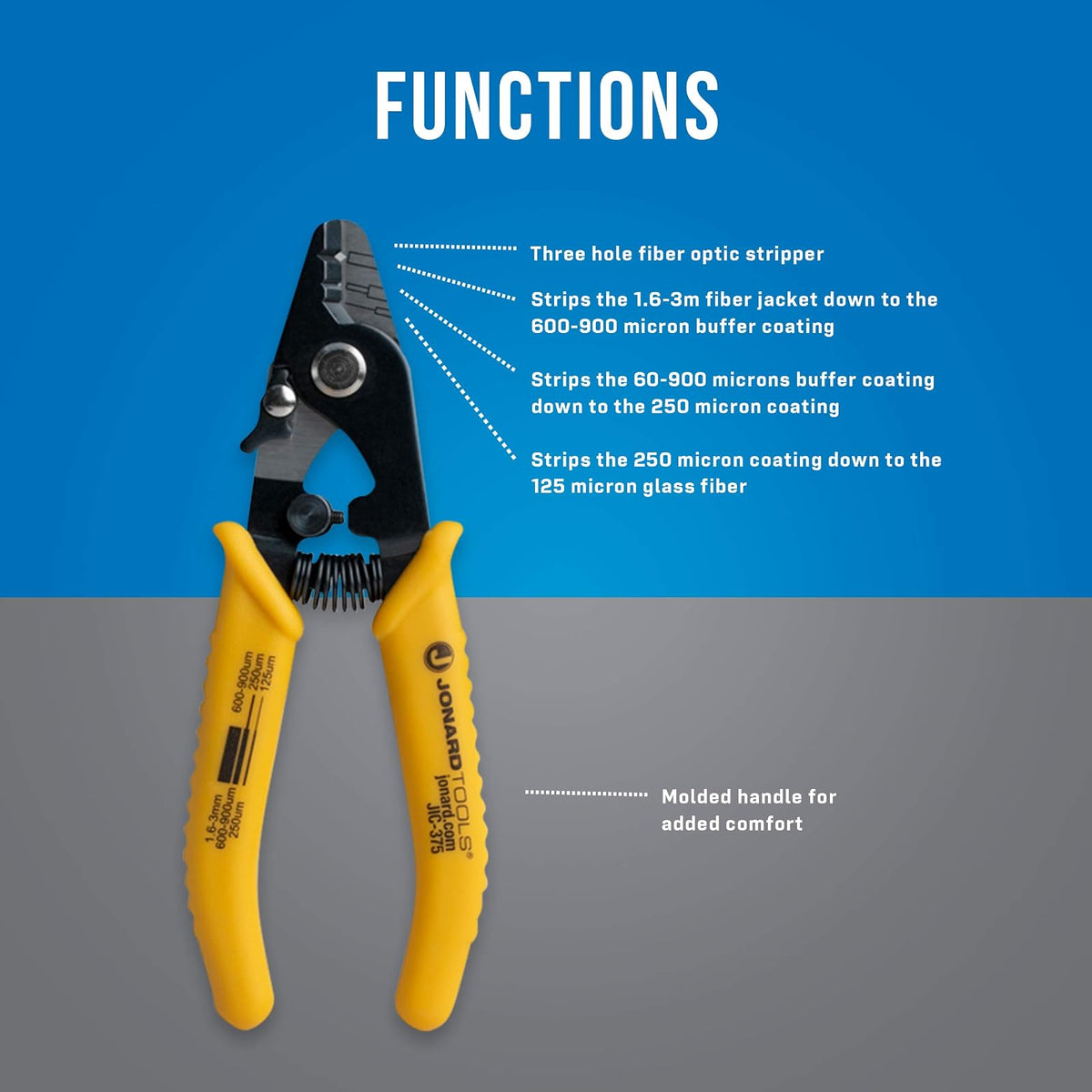 Jonard Tools JIC-375 - Pelacables de fibra óptica de tres agujeros, tiras de 1.6-3.0 mm, tampón de 600-900 μm, revestimiento de 250 μm, herramienta de precisión con mandíbula angular y bloqueo de