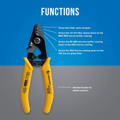 Jonard Tools JIC-375 - Pelacables de fibra óptica de tres agujeros, tiras de 1.6-3.0 mm, tampón de 600-900 μm, revestimiento de 250 μm, herramienta de precisión con mandíbula angular y bloqueo de