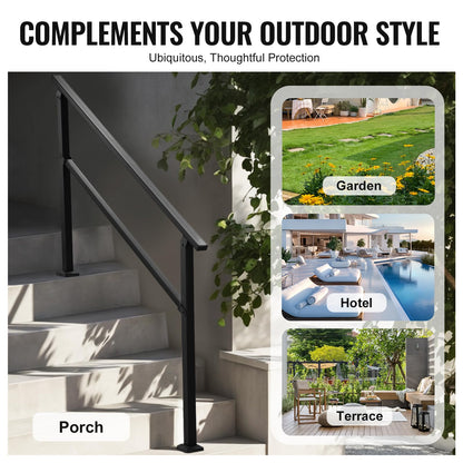 VEVOR Pasamanos de Exterior para Escalera Kit de para 4 a 5 Escalones Tubo Cuadrado con Barra Horizontal Rieles de Soporte de Acero al Carbono para Escaleras de Hormigón, Terraza, Negro