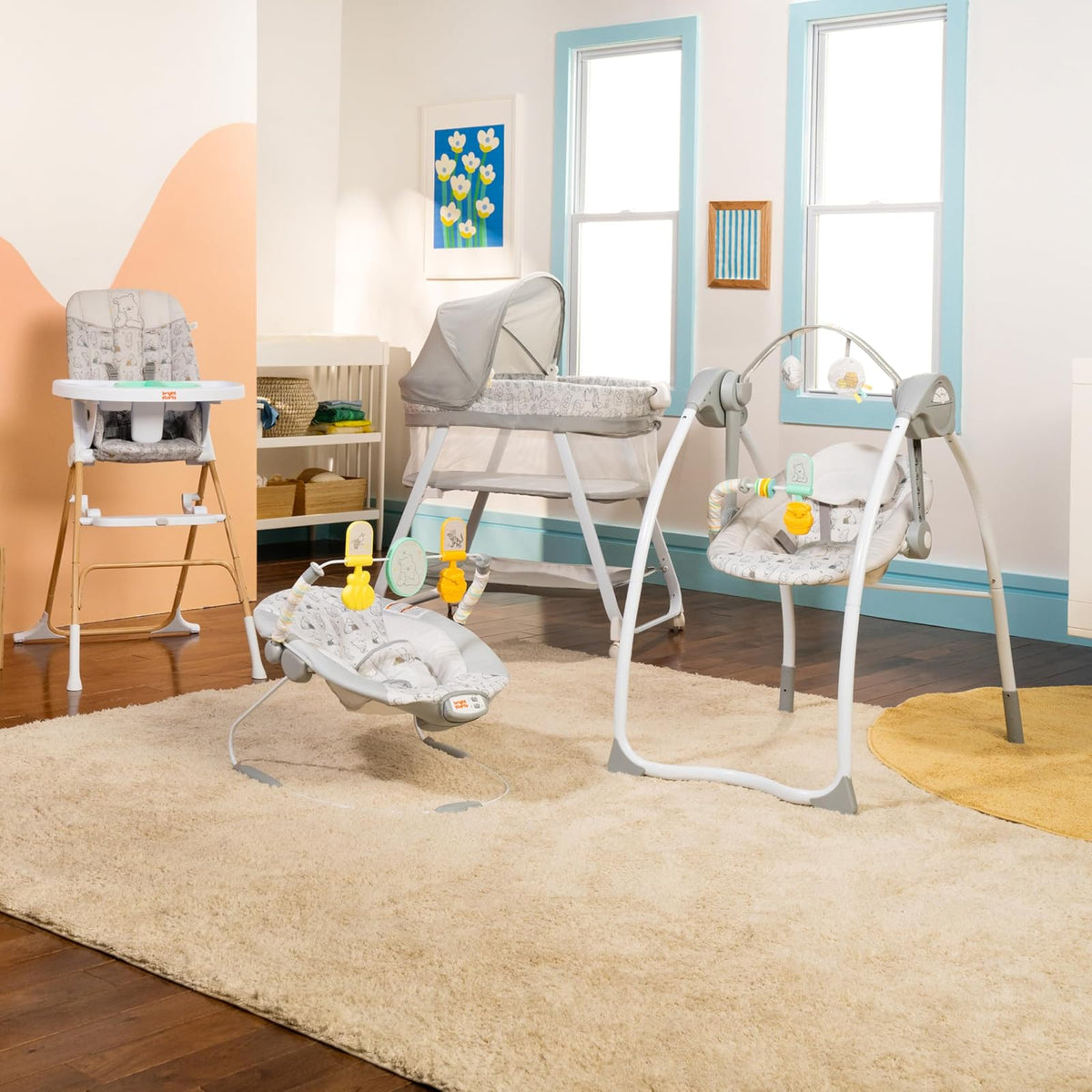 Bright Starts Bouncer Silla Mecedora Winnie The Pooh para Bebé, con vibraciones relajanres, melodías y juguetes, Unisex, 0 a 6 Meses