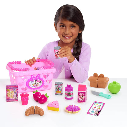 Just Play Juego de Cesta de la Compra Minnie Bow-Tique Bowtastic de Disney Junior con Comida de Juguete y Accesorios, Juego de simulación; Juguetes para niños a Partir de 3 años