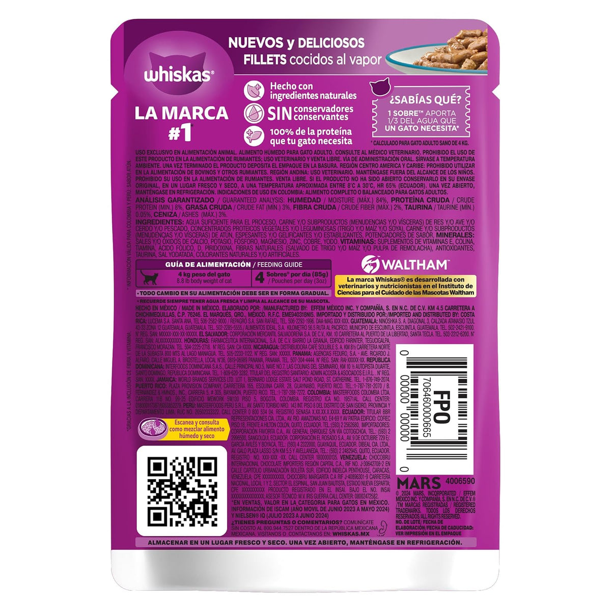 Whiskas - Sobres para Gato, 24 Piezas, Sabor Filetes De Atún, 85g c/u., Fibra Natural, Minerales, Vitaminas A, Sin Conservadores
