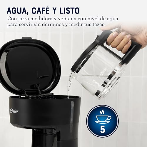Oster Cafetera, de 5 Tazas de Capacidad, con Filtro Reutilizable, Botón con Luz de Encendido y Apagado, Función Pausa y Servir, Ventanilla de Agua, Jarra con Medidas, Color Negro,