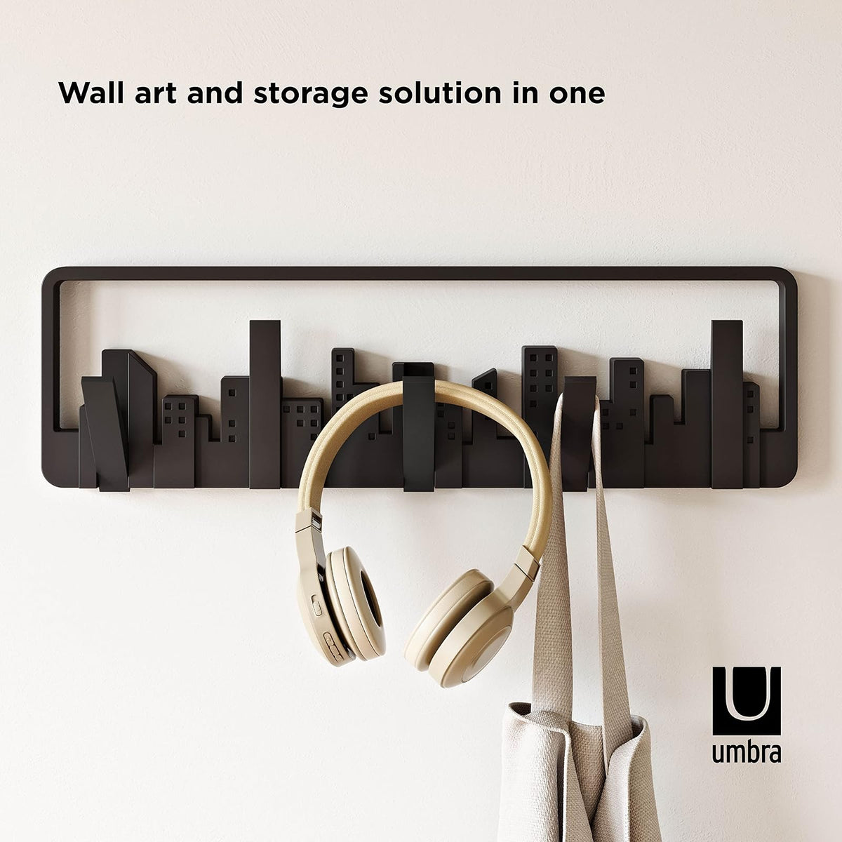 Umbra Skyline Perchero Decorativo de Pared con 5 Ganchos Retráctiles para Colgar Bolsas y Abrigos, Negro