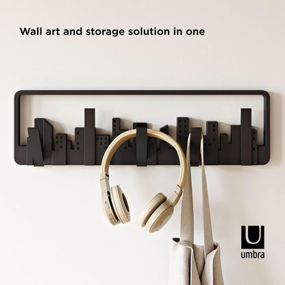 Umbra Skyline Perchero Decorativo de Pared con 5 Ganchos Retráctiles para Colgar Bolsas y Abrigos, Negro