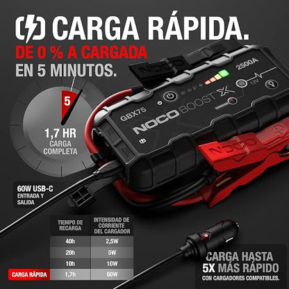 NOCO Boost X GBX75: Arrancador de batería de Auto 2500A – Booster de Litio portátil 12V, Power Bank y Cables para Pasar Corriente – para Motores de Gasolina hasta 8.5L y diésel hasta 6.5L
