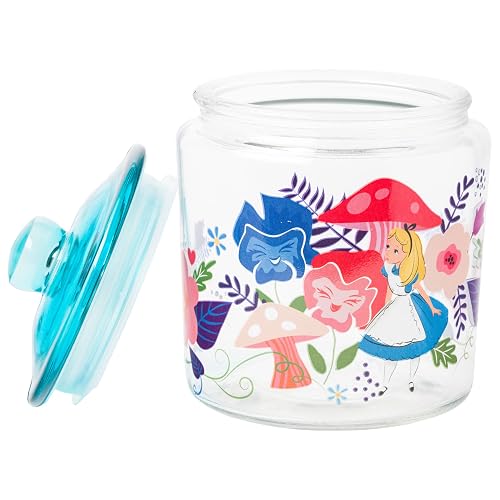Silver Buffalo Disney Alicia en el País de las Maravillas Tarro de Vidrio | 30 oz, flores y champiñones, tapa azul, vidrio de alta calidad, solo lavado a mano