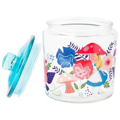 Silver Buffalo Disney Alicia en el País de las Maravillas Tarro de Vidrio | 30 oz, flores y champiñones, tapa azul, vidrio de alta calidad, solo lavado a mano