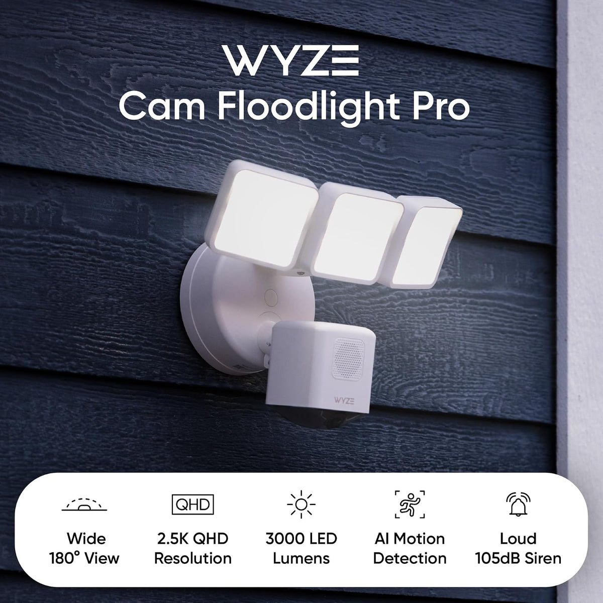 WYZE CAM Floodlight Pro with 3000 Lumen Leds, Wired 2K HD IP65 Outdoor Smart Security Camera, Color Night Vision, 180 Degree Customizable Motion Detection, 105dB Siren, and Two-Way Audio, White