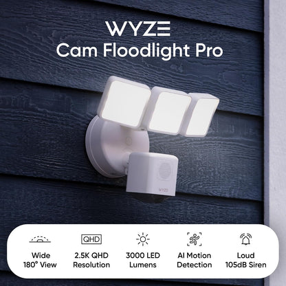 WYZE CAM Floodlight Pro with 3000 Lumen Leds, Wired 2K HD IP65 Outdoor Smart Security Camera, Color Night Vision, 180 Degree Customizable Motion Detection, 105dB Siren, and Two-Way Audio, White