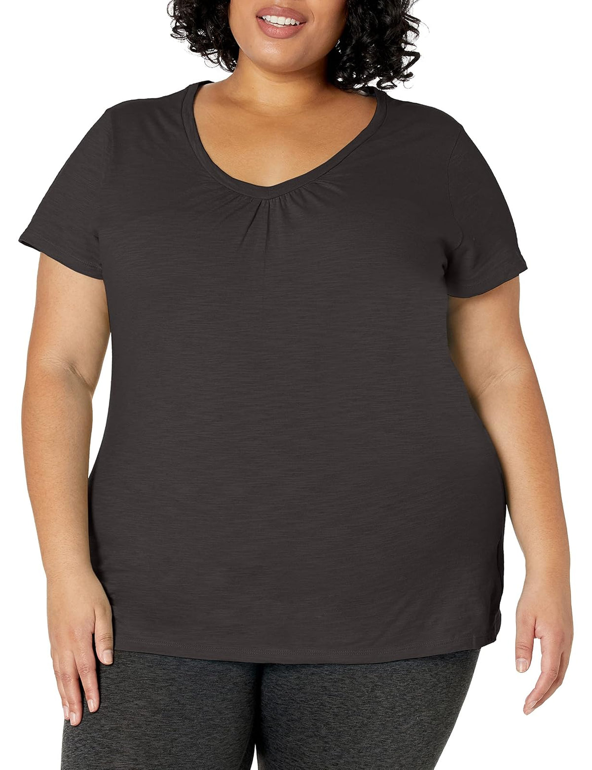 Just My Size Women's Short Sleeve Shirred V-Neck Tee