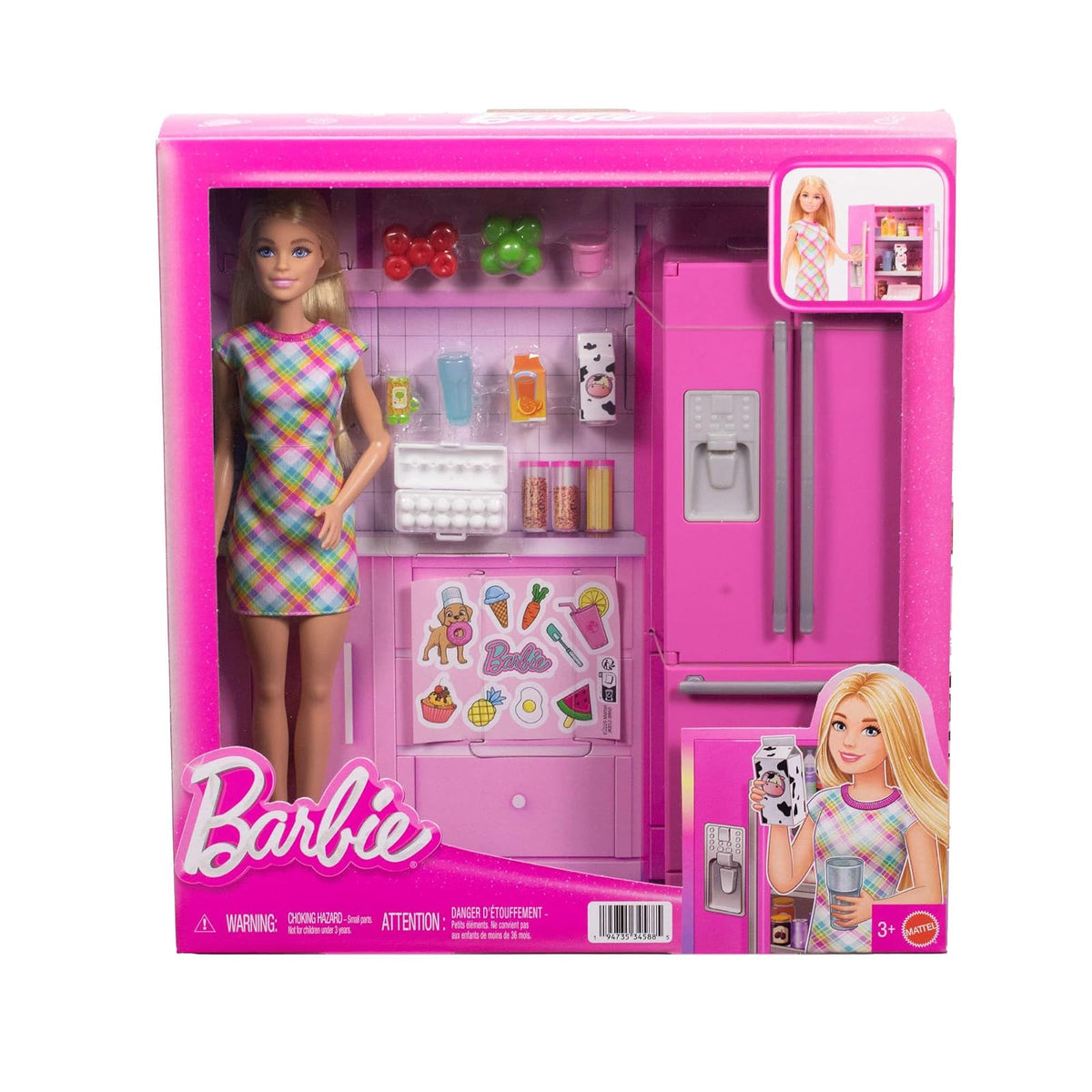Barbie Set De Juego Muñeca con Cocina, Refrigerador con Puertas Abatibles, Más De 10 Accesorios, para 3 Años En Adelante