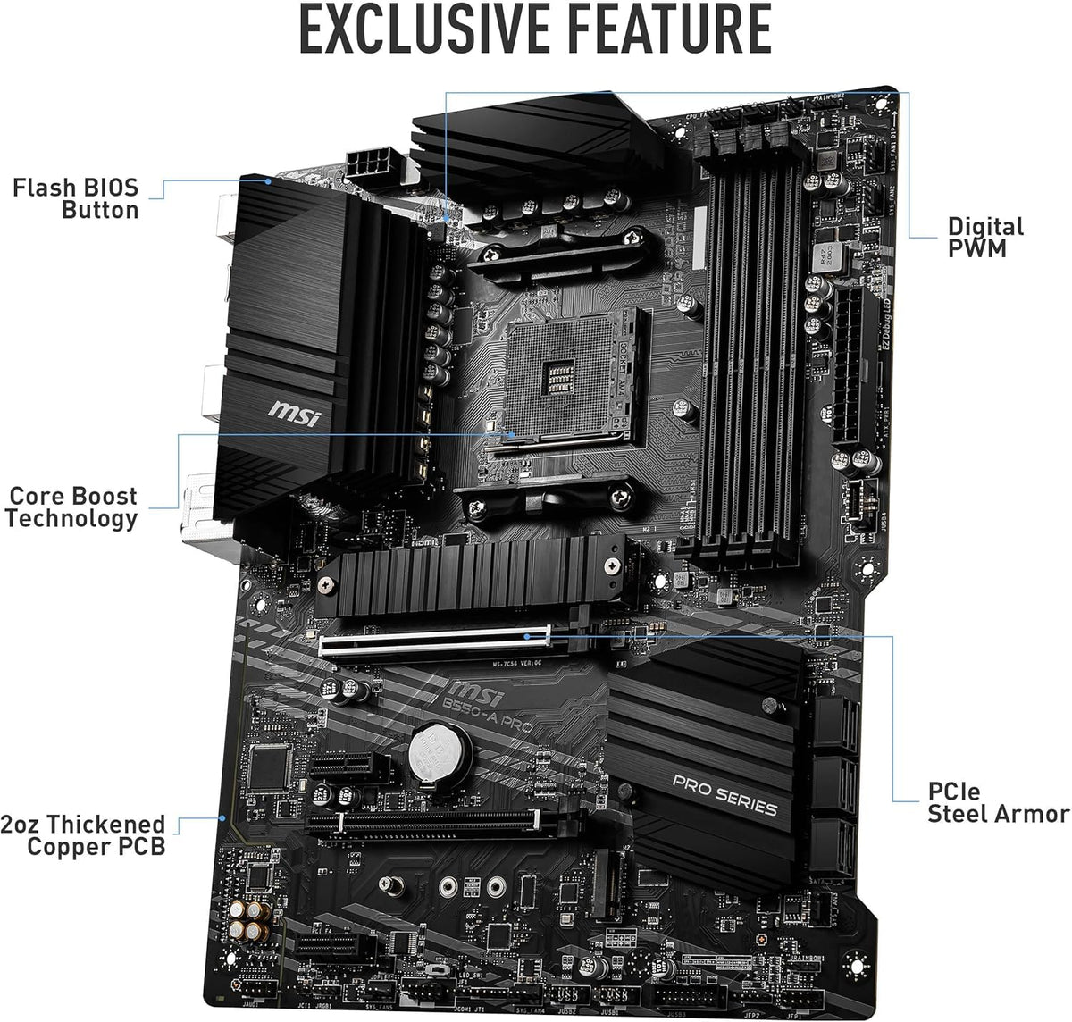 MSI B550-A Pro V1 ProSeries Motherboard (AMD Ryzen 5000, AM4, DDR4, PCIe 4.0, SATA 6Gb/s, M.2, USB 3.2 Gen 2, HDMI/DP, ATX)