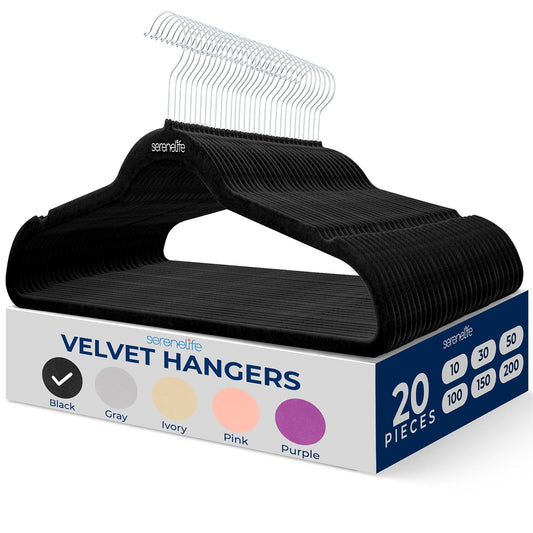 Serenelife Ganchos de Terciopelo Premium, Ahorradores de Espacio, Resistentes, con Gancho Metálico Giratorio de 360°, para Trajes, Pantalones y Vestidos, Negro, Pack 20