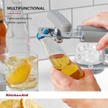 KitchenAid - Abrelatas y abrebotellas multifunción clásico fácil de usar, rueda de corte de acero inoxidable afilada, asas ergonómicas suaves, color gris