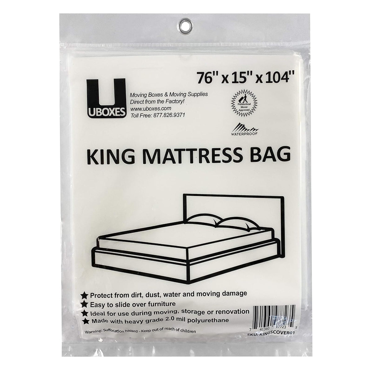 Uboxes Funda de Colchón King | Transparente, 76 x 15 x 104 pulgadas, polietileno 2 mil, fácil colocación