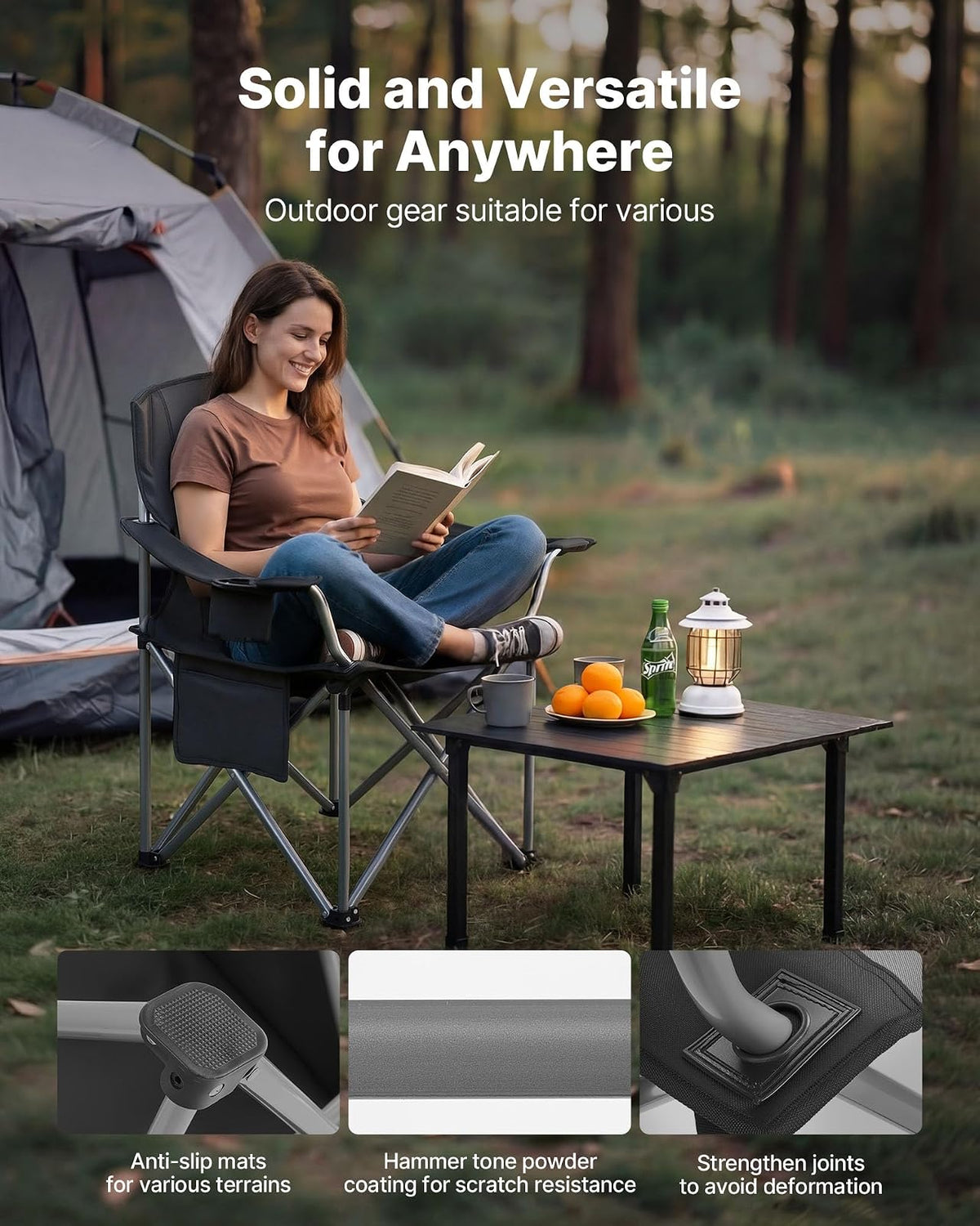 VEVOR Silla de Camping Plegable Grande Capacidad Máxima de 204 kg, Paquete de 2, Silla de Camping Portátil con Respaldo, Reposabrazos Acolchados, Bolsa térmica, Portavasos y Bolsillo para Exteriores