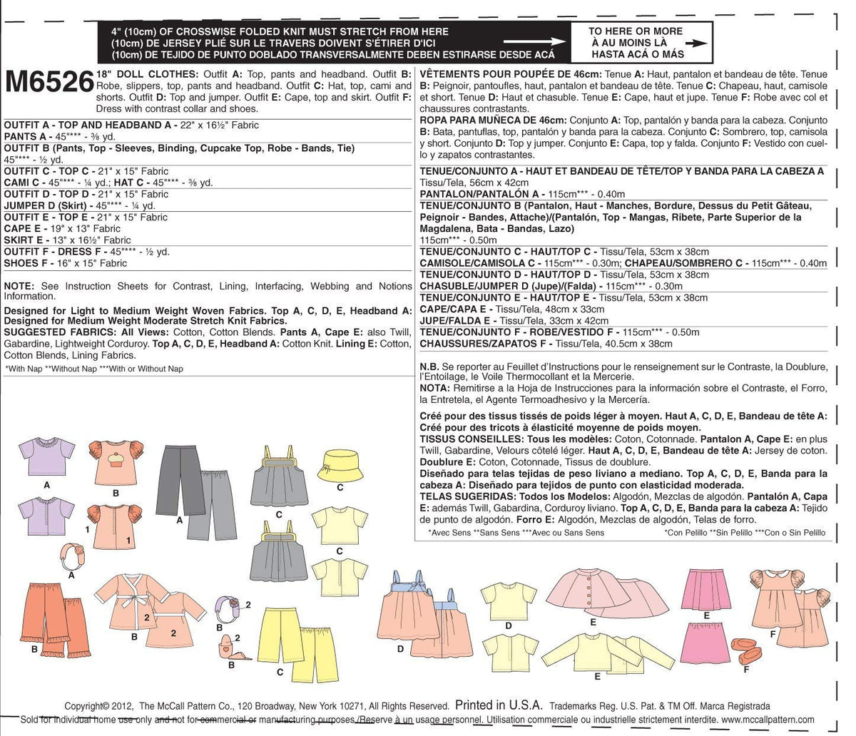 McCall Patterns M6526 18-Inch/46cm Doll Clothes, One Size