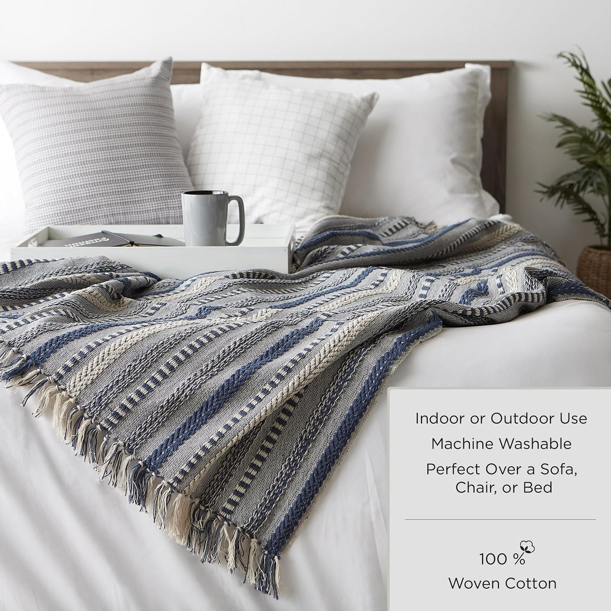 DII - Manta rústica de algodón texturizada con flecos para silla, sofá, pícnic, acampada, playa y uso diario, 50 x 60 pulgadas, azul francés con textura tonal