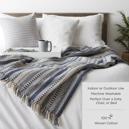 DII - Manta rústica de algodón texturizada con flecos para silla, sofá, pícnic, acampada, playa y uso diario, 50 x 60 pulgadas, azul francés con textura tonal