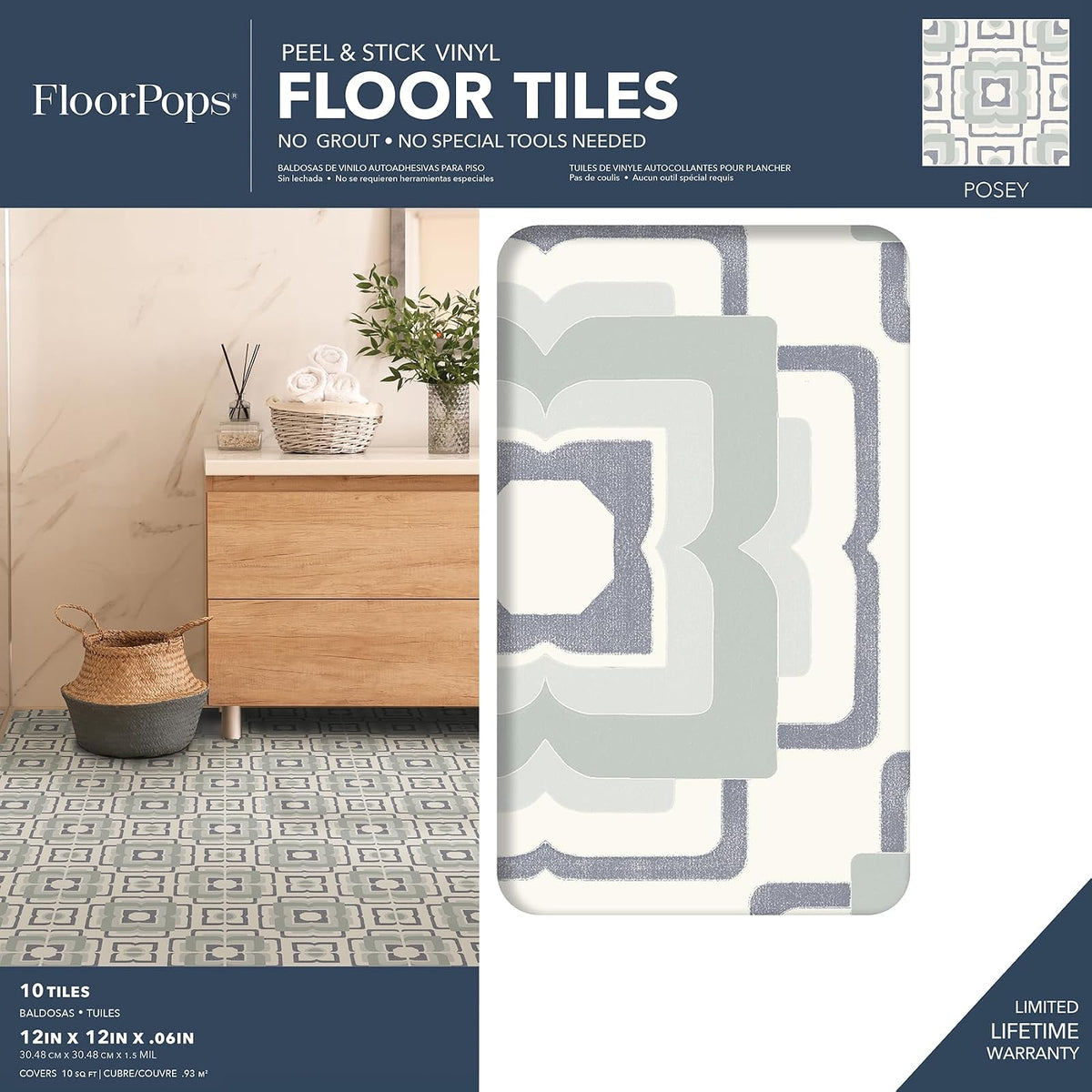 FloorPops - Azulejos de vinilo para despegar y pegar de 12 x 12 pulgadas (10 azulejos), (10 pies cuadrados/cartón)