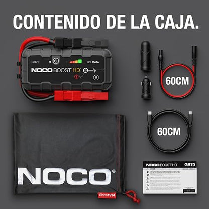 NOCO Boost GB70: Arrancador de batería de Auto 2000A – Booster de Litio portátil 12V, Power Bank y Cables para Pasar Corriente – para Motores de Gasolina hasta 8.0L y diésel hasta 6.0L