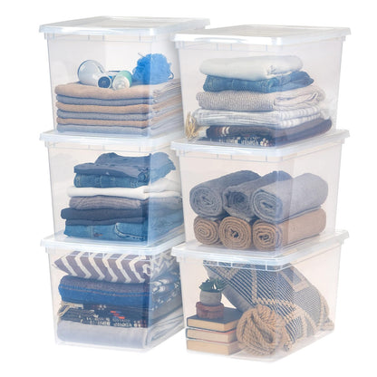 IRIS USA 6 Contenedores de 68 Qt con Tapa, Transparentes, Apilables | Ideal para mudanzas, cobijas, ropa y garaje. Diseño transparente y anidable para encontrar todo fácilmente. - Transparente - 64.4 L - Paquete de 6