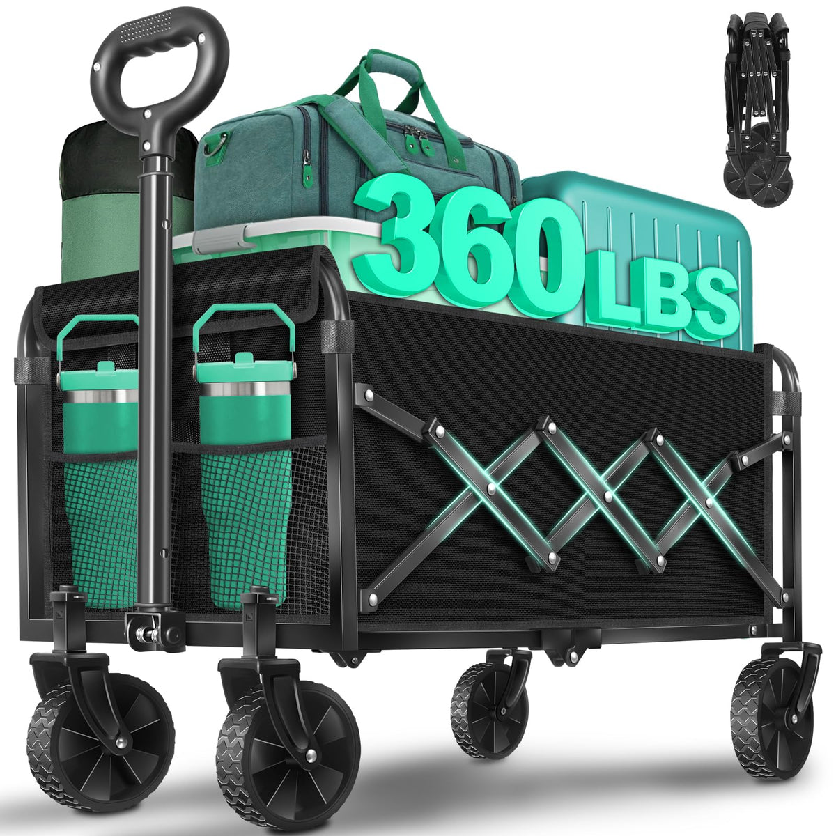 Kovryx Carro Plegable con Ruedas Plegable: 360 Libras, Carro utilitario Plegable Resistente – Carro portátil Todo Terreno para comestibles, Compras, Camping, Pesca, Deportes