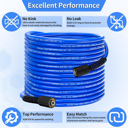 Viheg Manguera de Lavado a Presión 30 pies 1/4 in M22 | Flexible, resistente a torceduras, repuesto universal, 4200 PSI, adaptadores de conexión rápida de 3/8 in incluidos