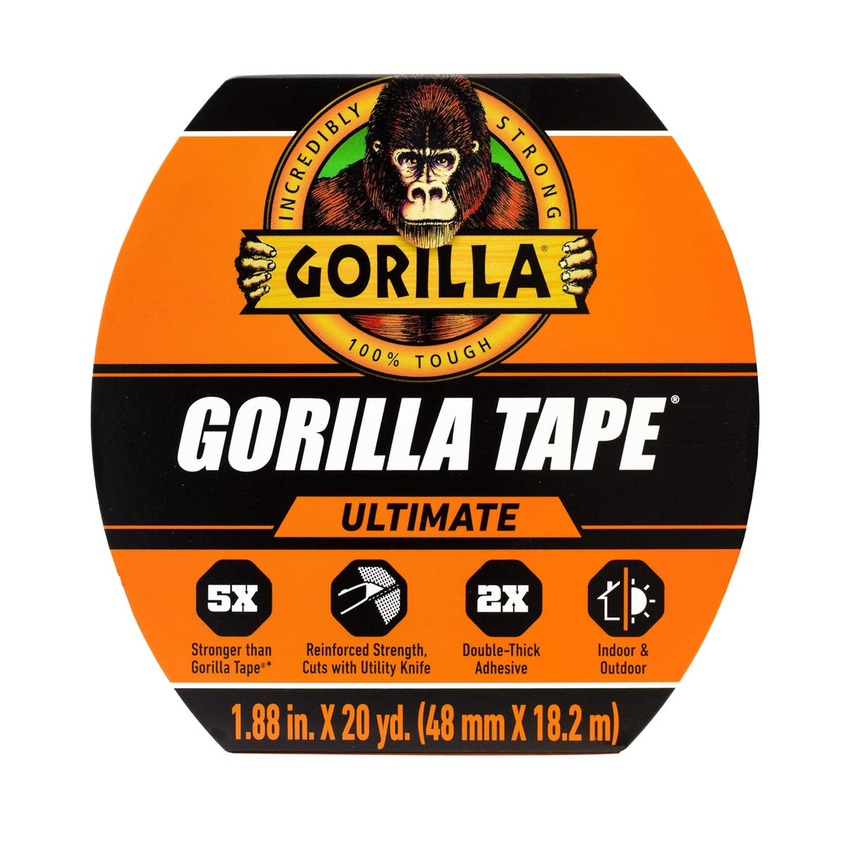 Ultimate Gorilla Tape, tela de alta resistencia con calcomanía de doble grosor para transportar, flejar, parches, agrupar, levantar, 1.9 x 20 m, negro (paquete de 1)