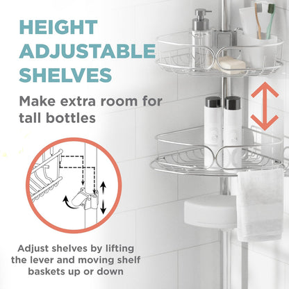 Zenna Home - Organizador de Esquina para Ducha con Poste de tensión, Organizador Ajustable para Ducha de pie con 4 estantes, Organizador de Barra de tensión de baño, de 60 a 108 Pulgadas, Acero