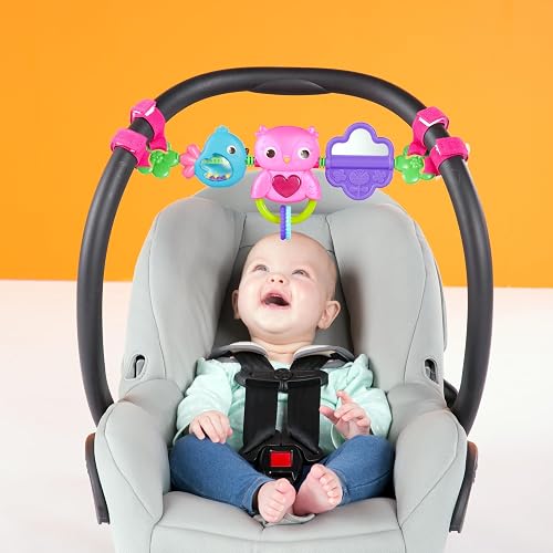 Bright Starts - Barra de Juguetes para bebé, Espejo Giratorio, búho Musical, sonaja, fácil de Transportar, a Partir de 0 Meses