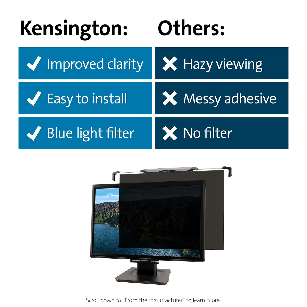 Kensington FS270 Snap2 - visualización de privacidad para monitores panorámicos de 25 Pulgadas a 27 Pulgadas de 16:10 y 16:9 (K58400WW)