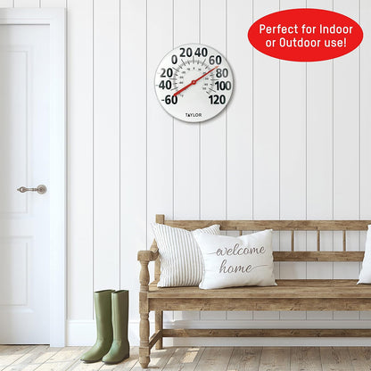 Taylor - Termómetro de pared de metal extragrande para interiores y exteriores, números fáciles de leer para patio, piscina y zonas interiores, 18 pulgadas, color blanco