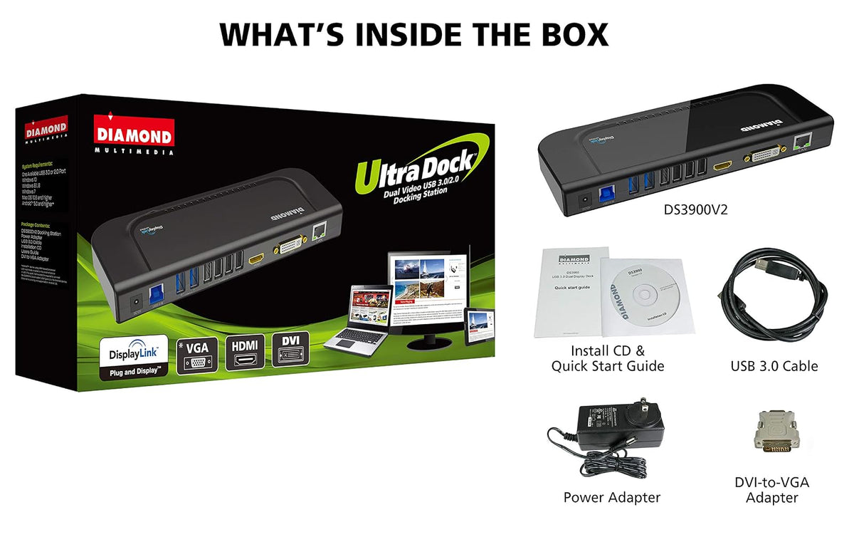 Diamond Multimedia - Estación de acoplamiento universal Ultra Dock Dual Video USB 3.0/2.0 con salidas Gigabit Ethernet, HDMI y DVI, entrada y salida de audio para portátiles, Ultrabook, Macbook, Windows 10, 8.1, 8, 7, XP, Mac OS y Android 5.0 y superior. 