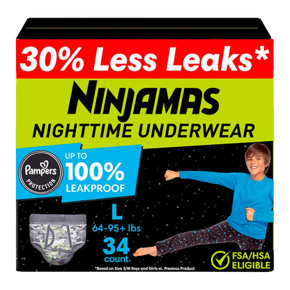 Pampers Ninjamas, Overnight Diapers, Nighttime Underwear, Disposable Underwear Boys, 34 Count, Size L/XL (64-125 lbs)