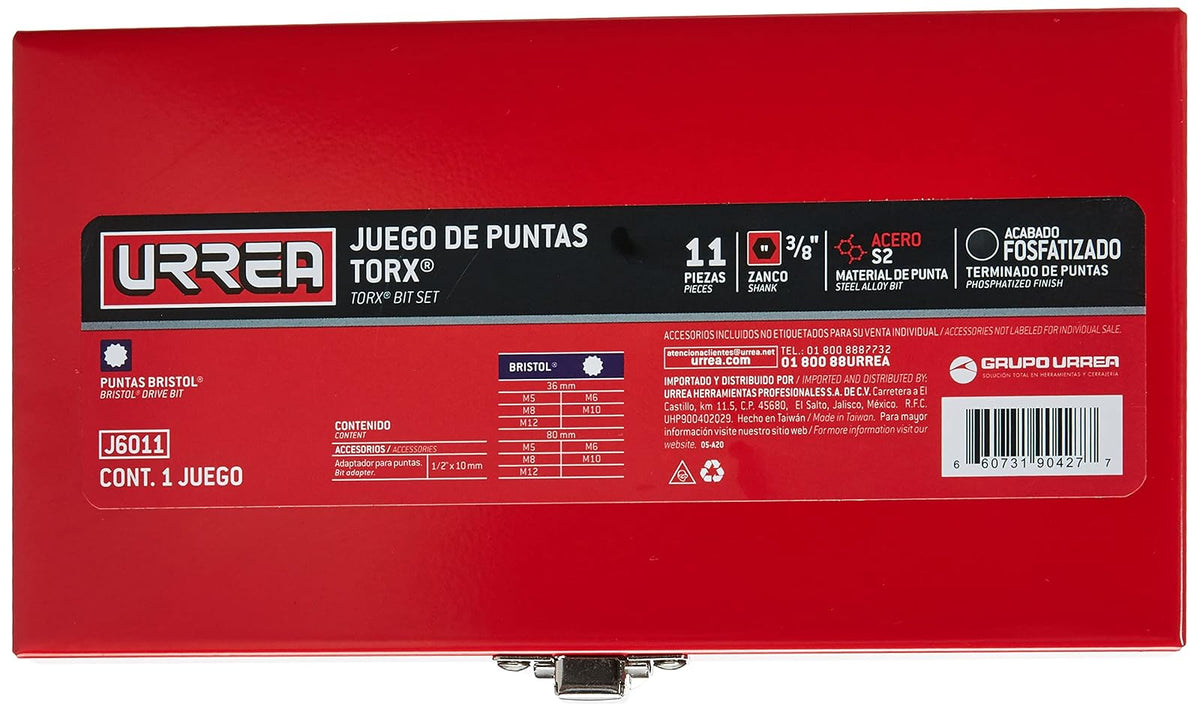 Urrea J6011 Juego de puntas bristol hexágono de 3/8" con adaptador y caja metálica, 11 piezas