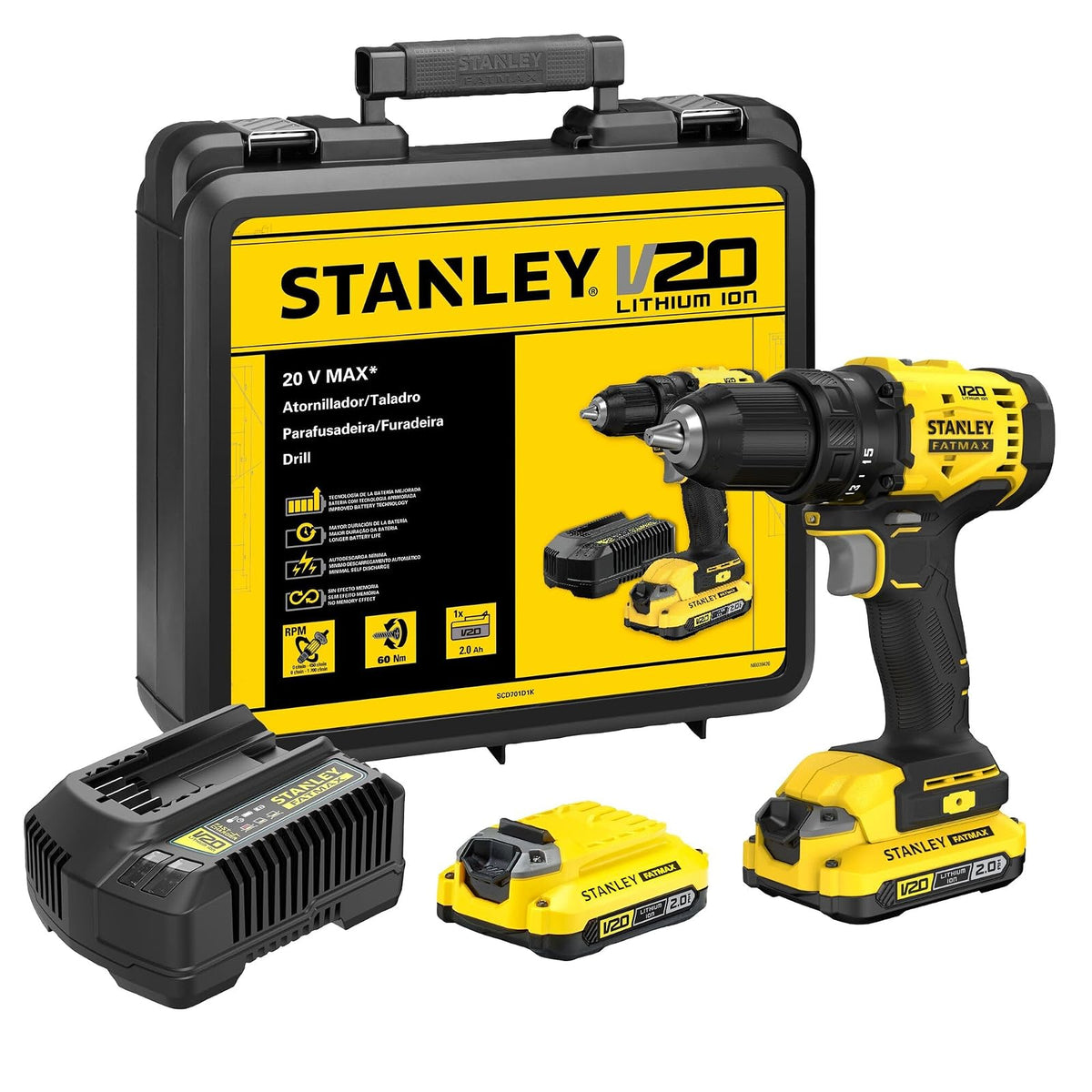 STANLEY Taladro Atornillador Inalámbrico 1/2'' (13mm) 20V MAX SCD701D2K con 2 Baterías, Cargador y Maleta – Potencia, Autonomía y Portabilidad, SCD701D2K-B3