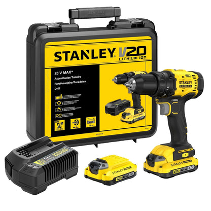 STANLEY Taladro Atornillador Inalámbrico 1/2'' (13mm) 20V MAX SCD701D2K con 2 Baterías, Cargador y Maleta – Potencia, Autonomía y Portabilidad, SCD701D2K-B3